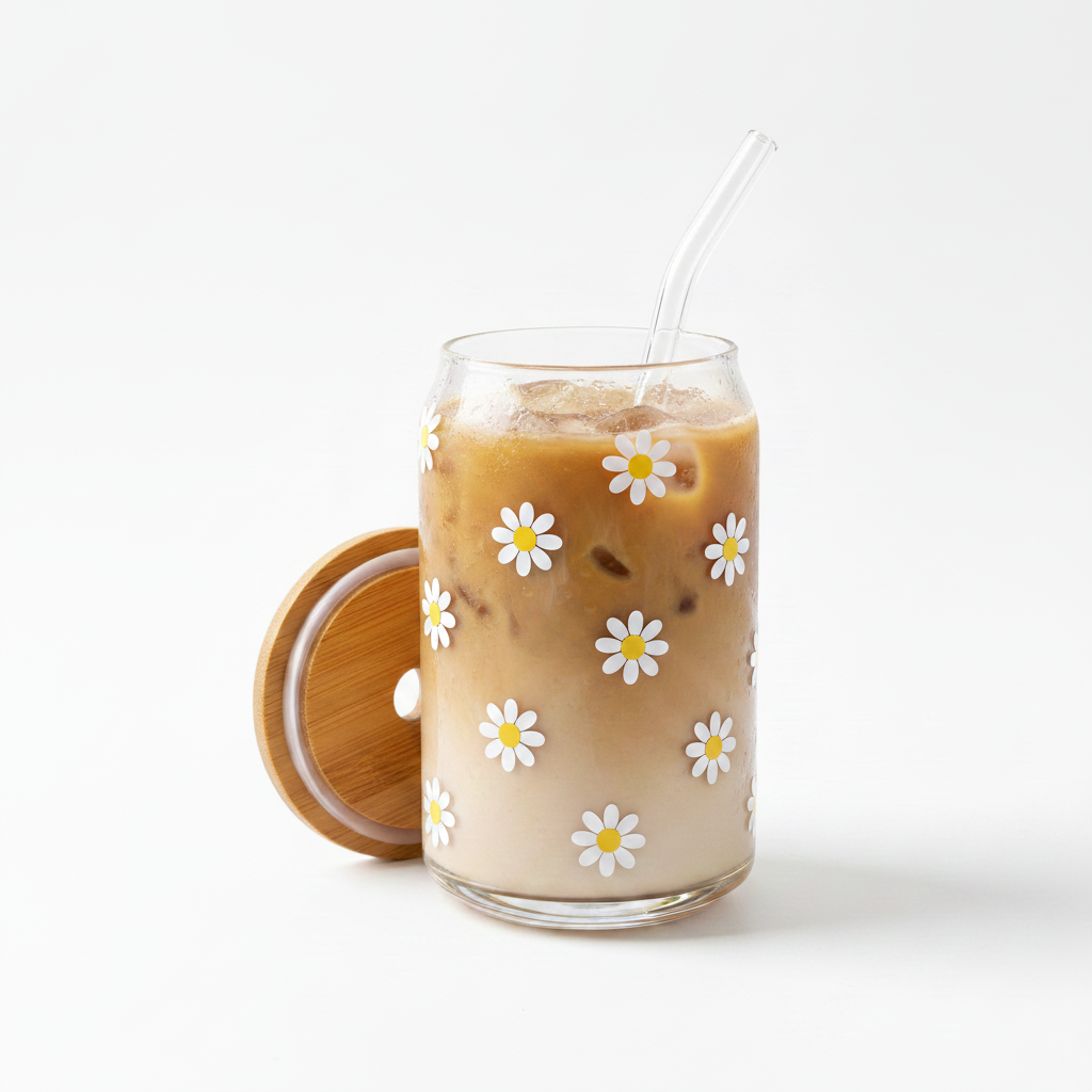 Custom can-style glass cup with daisy vinyl decal