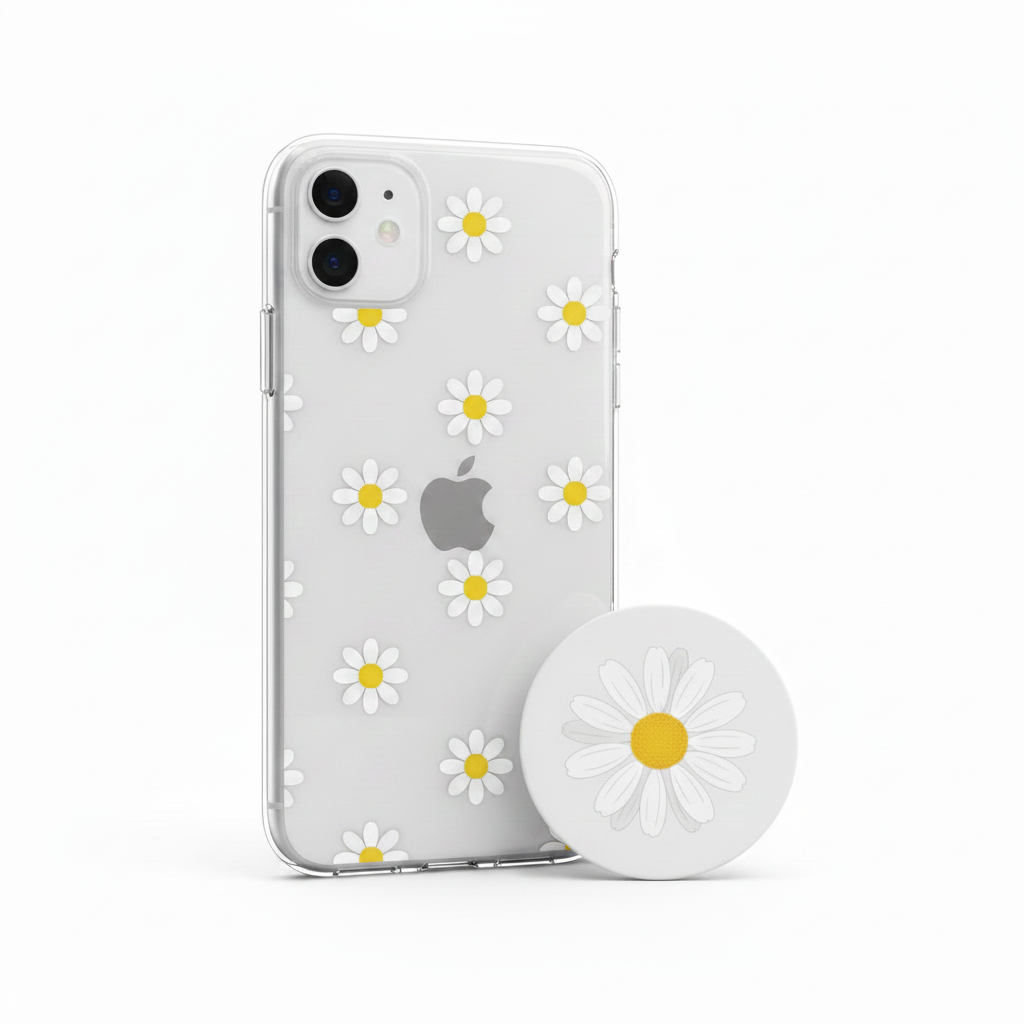 Clear iPhone case and matching daisy pop socket bundle