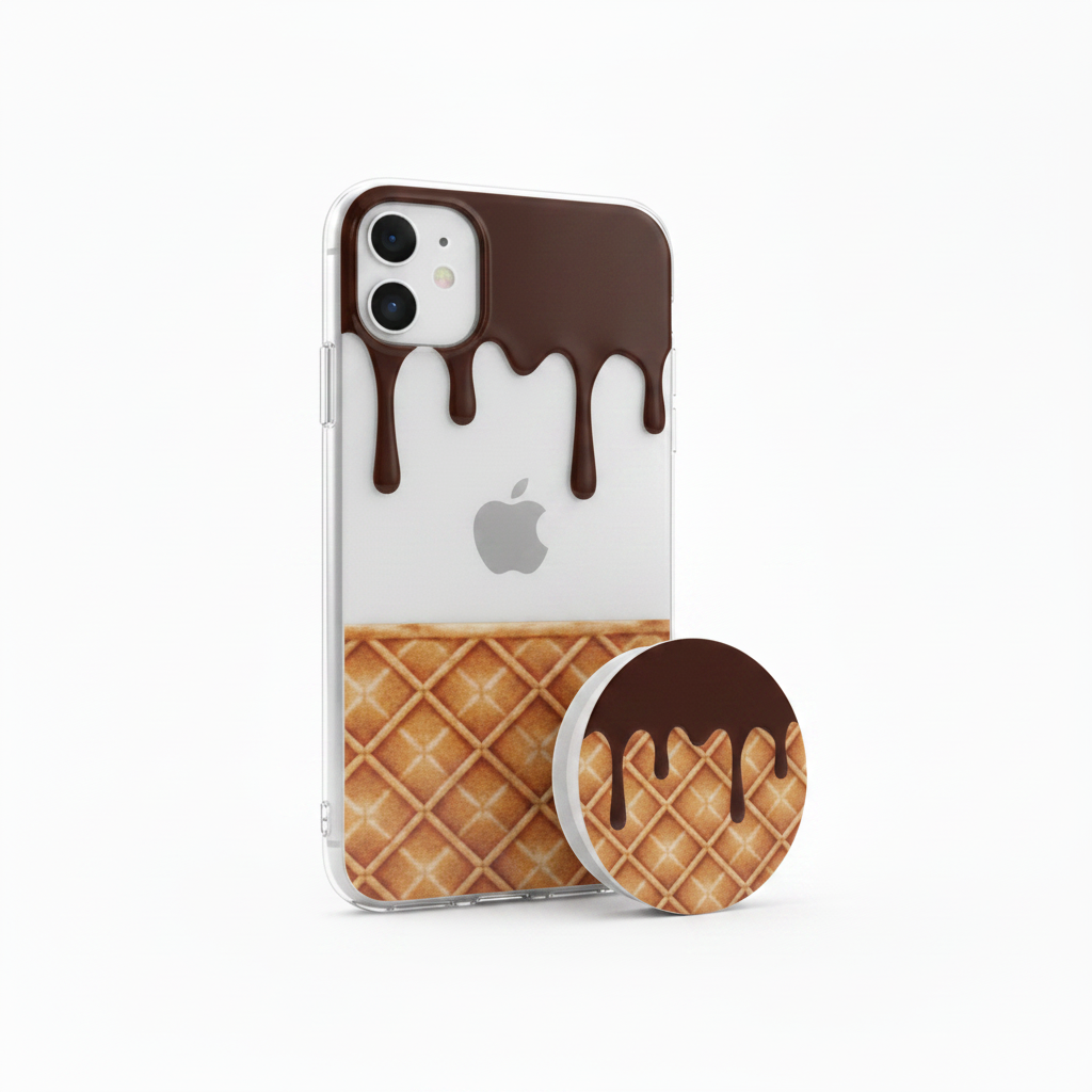 Clear iPhone case with ice cream waffle cone and chocolate drip vinyl decal
