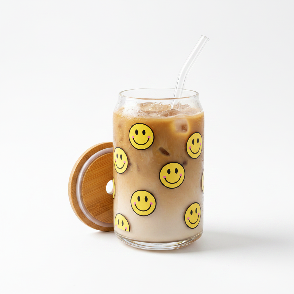 Custom glass cup with smiley face vinyl decal