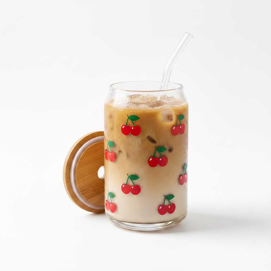 Custom can-style glass cup with cherry vinyl decal