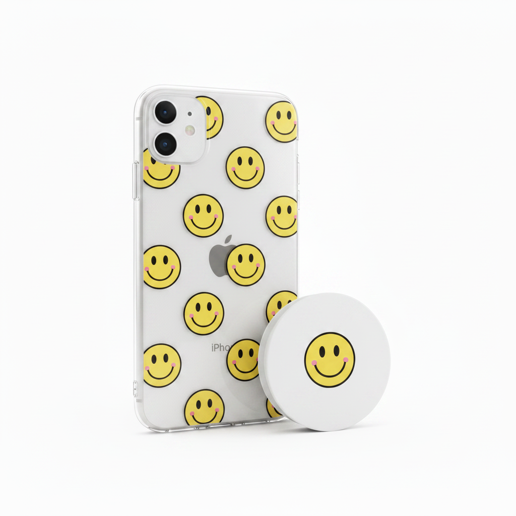 Clear iPhone case with smiley face vinyl decal