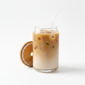 Plain can-style glass cup with bamboo lid and straw, no design