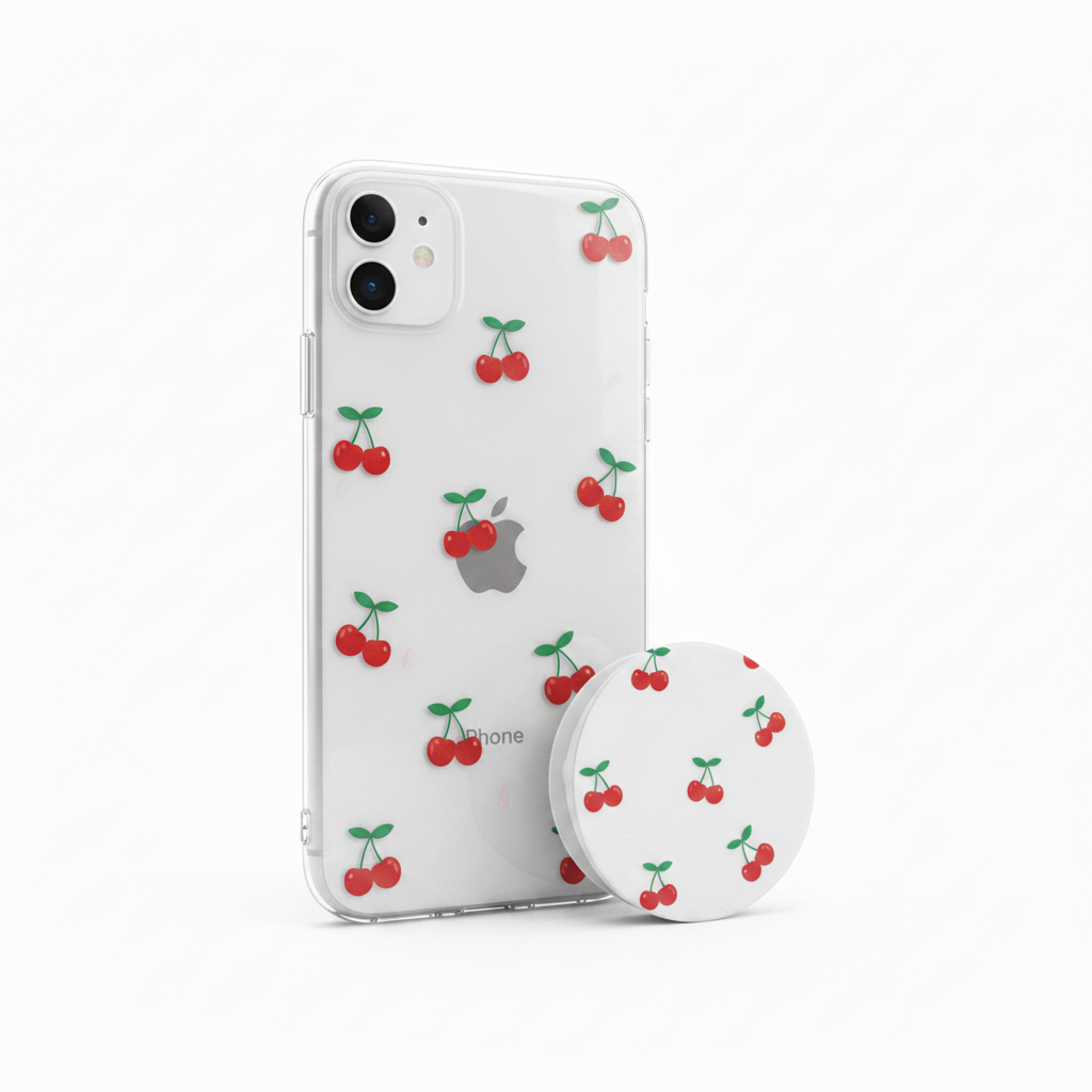 Clear iPhone case with cherry vinyl decal