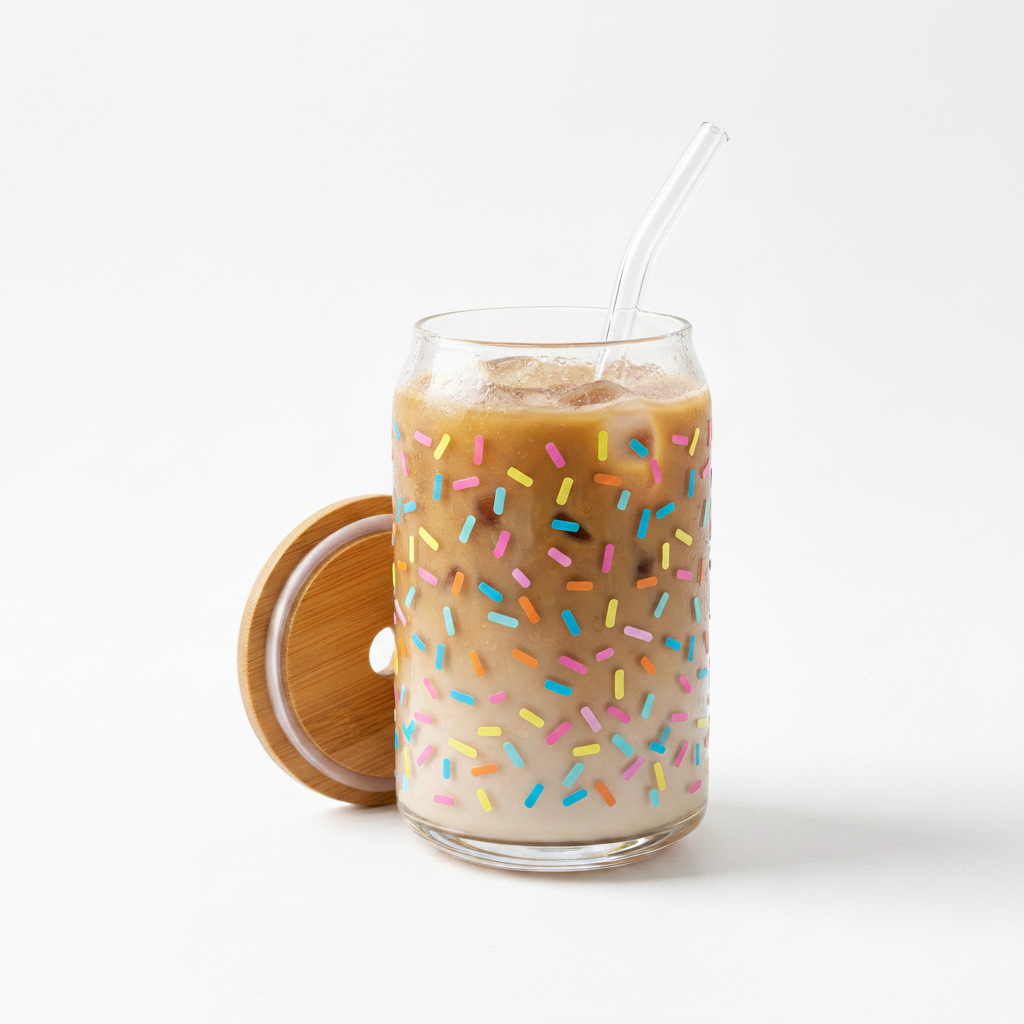 Custom can-style glass cup with sprinkles vinyl decal