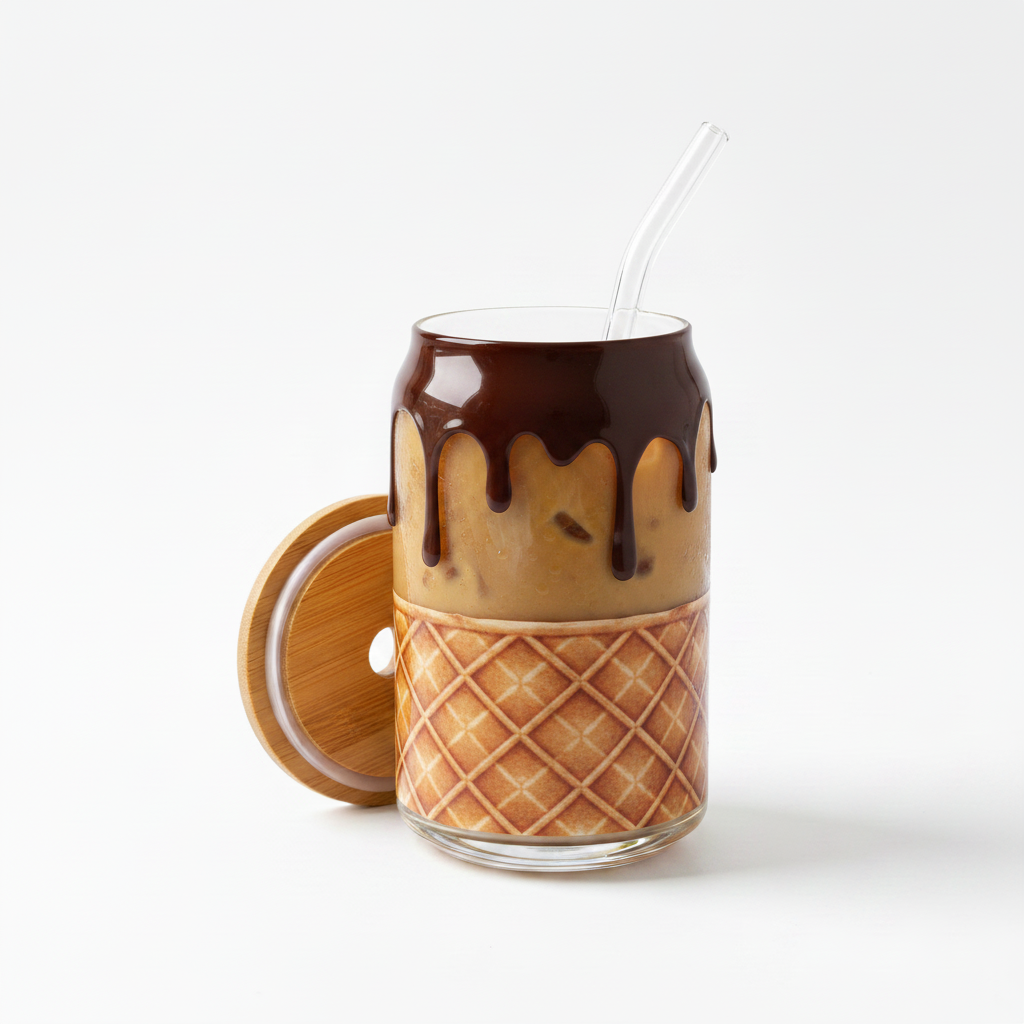Custom can-style glass cup with ice cream waffle cone and chocolate drip vinyl decal